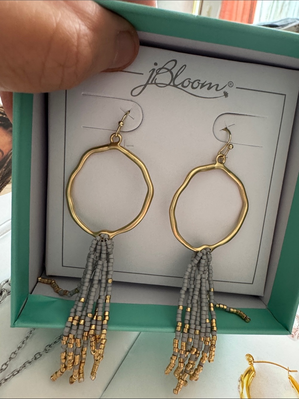 bloom Gold Hoop Earrings with Gray and Gold Beaded Tassels